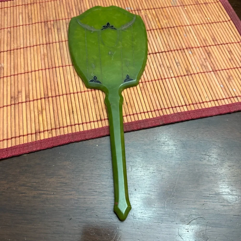 Bakelite Celluloid Green Art Deco Vanity Handheld Mirror Vintage Fancy 1920’s